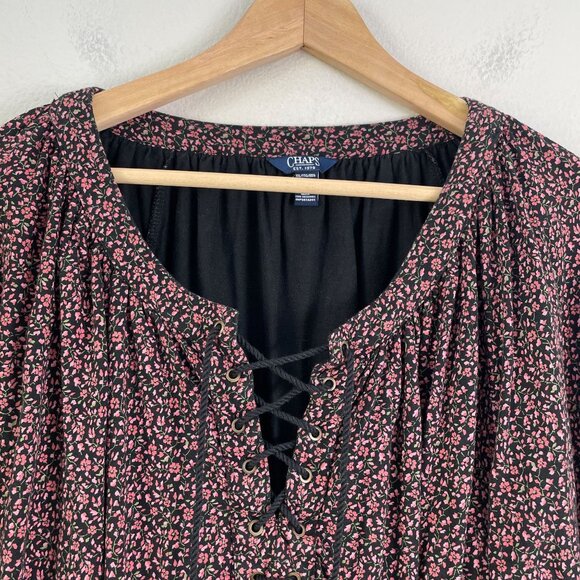 Chaps Womens Plus XXL Floral Lace Up Tassel Peasant Top Boho Blouse Shirt - Picture 8 of 9